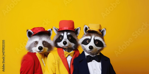 Funny racoon group dressed up in suits as mime troupe