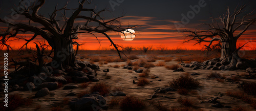 A lone dead tree in a barren desert at sunset 2