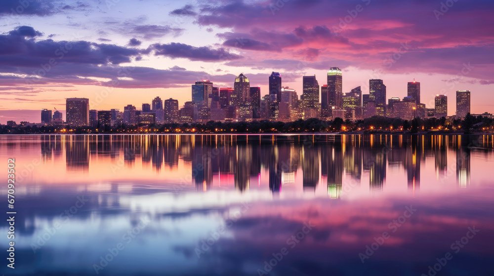 City skyline with dramatic evening sky reflecting in calm water