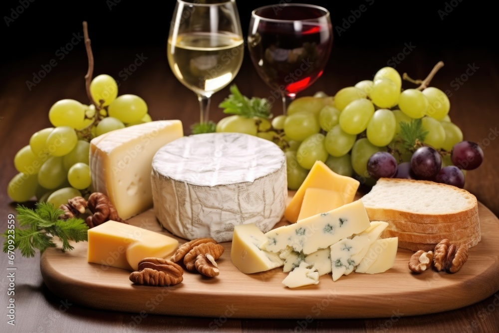 selection of smoked artisan cheeses with grapes