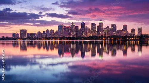 City skyline with dramatic evening sky reflecting in calm water © Robert Kneschke