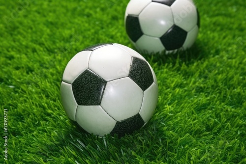 close-up of a soccer balls detailed texture on green grass © altitudevisual