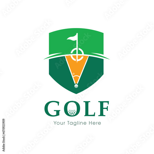 Golf training club logo with angles, aim sight, horizon techniques and flag. A Golfer taking a shot. Putting training and practice. Symbol of elite sports in high quality vector.