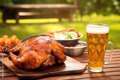 high angle view of beer glass beside bbq chicken on picnic table