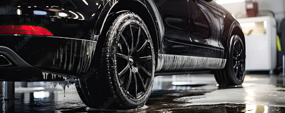 Black sport car wheel detail covered with shampoo ready to clean. Car Tire or alluminium wheel wash. copy space for text. - obrazy, fototapety, plakaty 