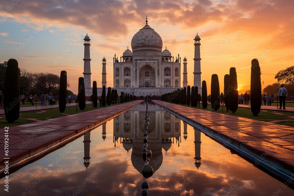  Majestic Taj Mahal during the golden hour, Generative AI - obrazy, fototapety, plakaty 