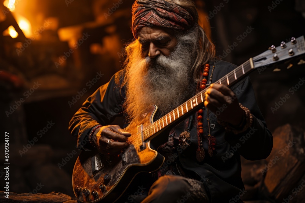 Rajasthani folk musician playing the sitar, Generative AI Rajasthani folk musician playing the sitar, Generative AI