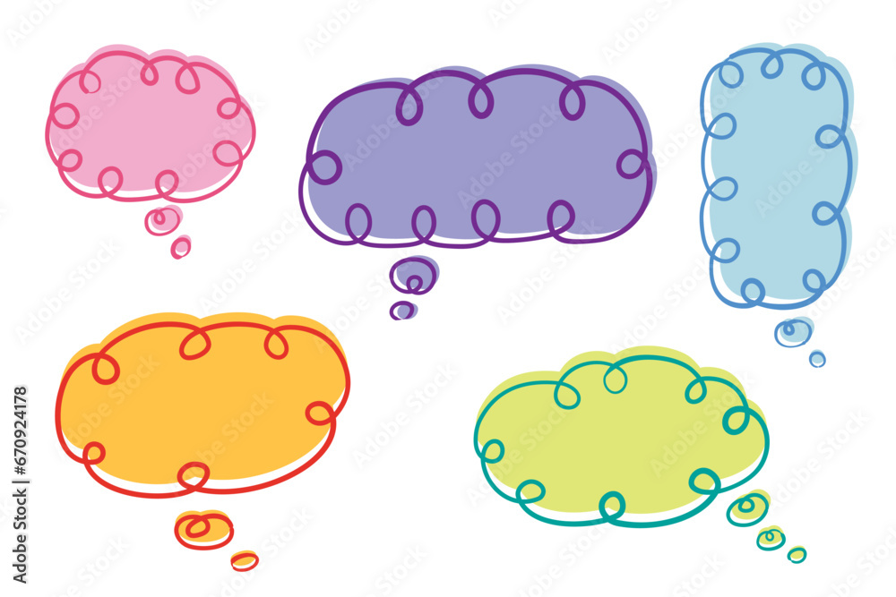 Colorful hand drawn curly speech bubbles. Social chat elements. Collection of text boxes of different shapes. Vector illustration on isolated background. Colorful hand drawn curly speech bubbles. Social chat elements. Collection of text boxes of different shapes. Vector illustration on isolated background.