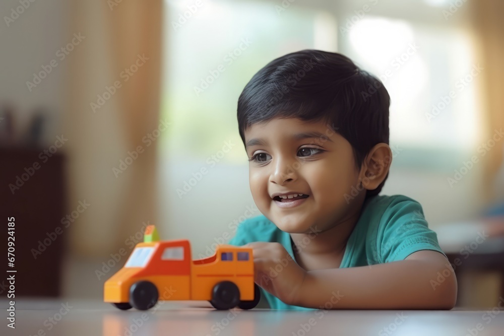 Indian boy playing at home with car. Cute game education camp learning. Generate Ai - obrazy, fototapety, plakaty 