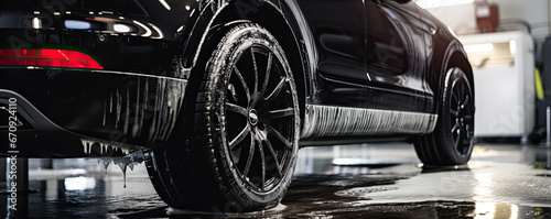 Black sport car wheel detail covered with shampoo ready to clean. Car Tire or alluminium wheel wash. copy space for text. © Alena