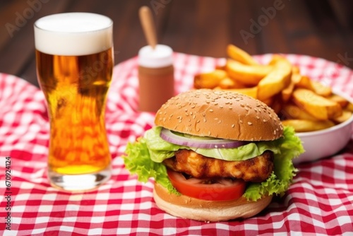 chicken burgers next to filled beer glass on a checkered tablecloth