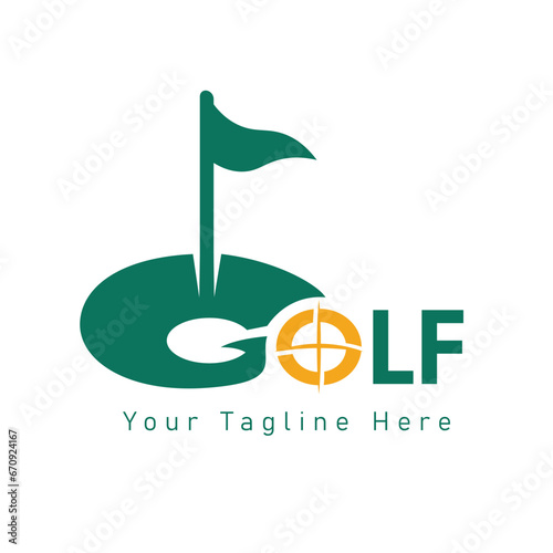 Golf training club logo with angles, aim sight, horizon techniques and flag. A Golfer taking a shot. Putting training and practice. Symbol of elite sports in high quality vector.