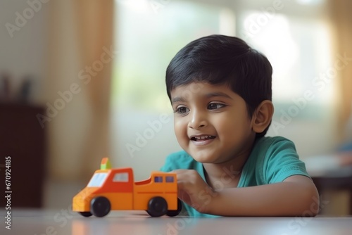 Indian boy playing at home with car. Cute game education camp learning. Generate Ai