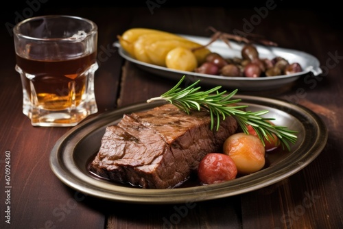 beef brisket on a plate with rosemary, stout in a glass