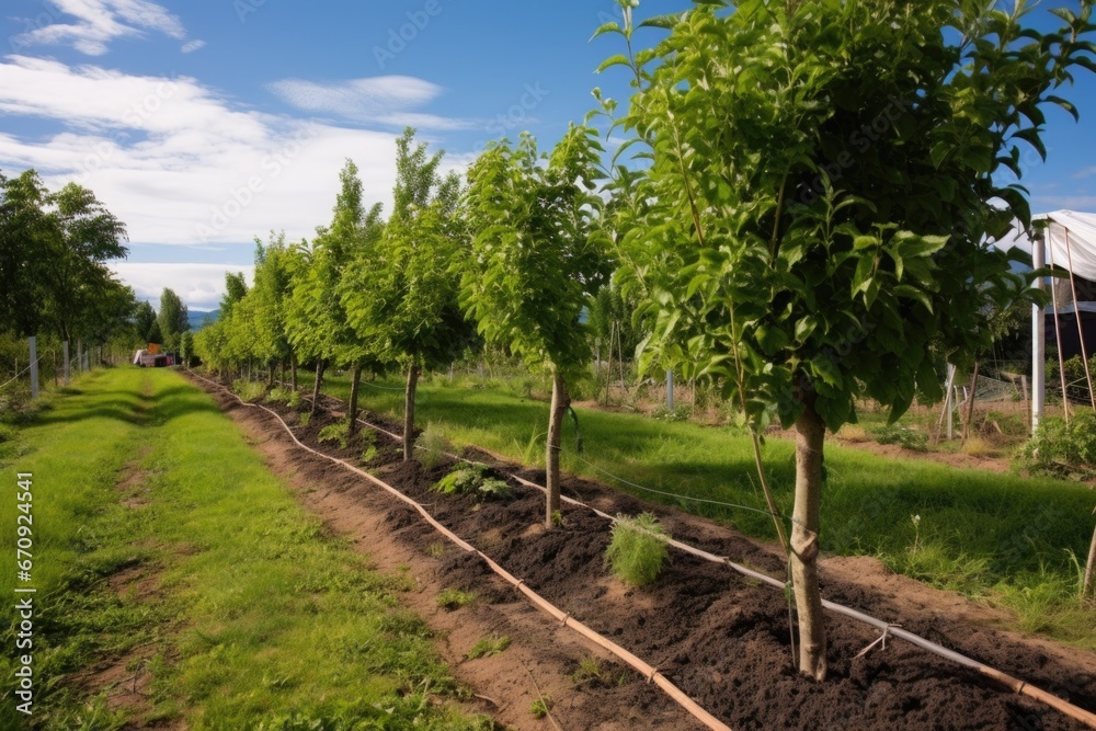 row of fruit trees in a permaculture food forest