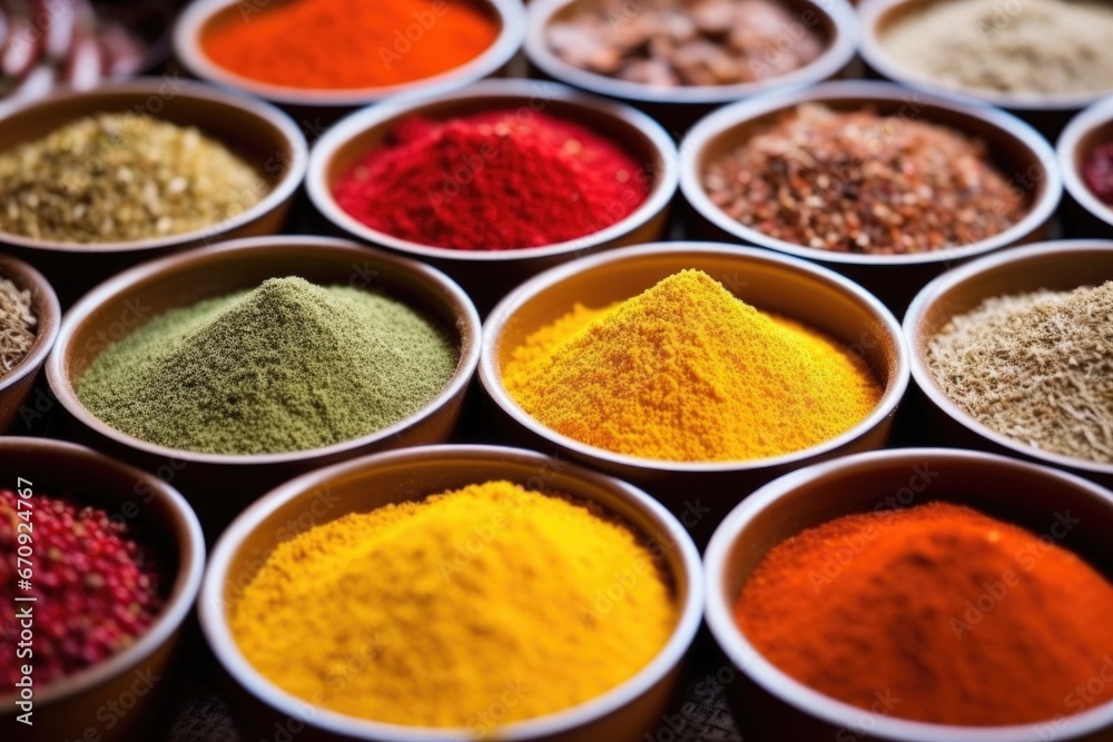 close-up shot of various colorful spice rubs in small bowls close-up shot of various colorful spice rubs in small bowls