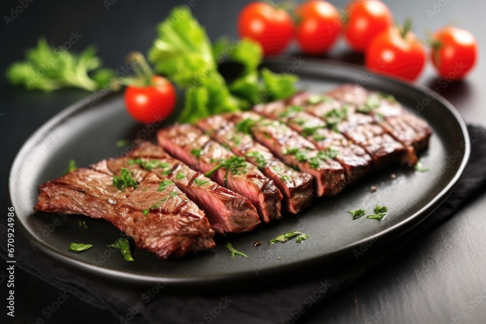 grilled skirt steak garnished with fresh herbs on plate