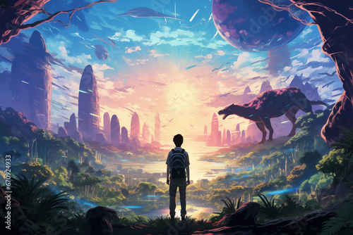 Silhouette of a Man in Anime Lofi Landscape: Gazing at a Futuristic Jurassic Jungle with Planets and Spaceships in the Distance  © AbstractHeisenberg