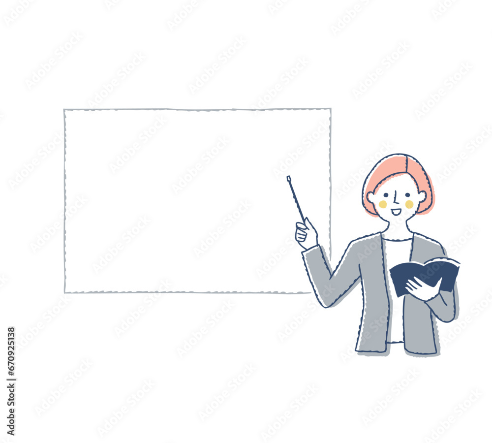 指示棒を持って説明する女性とホワイトボード 指示棒を持って説明する女性とホワイトボード