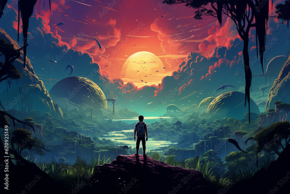 Silhouette of a Man in Anime Lofi Landscape: Gazing at a Futuristic Jurassic Jungle with Planets and Spaceships in the Distance
