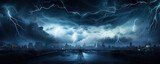 In the eye of storm. Lightning storm over city in dakr blue light. thunderstorm flash