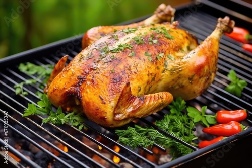 turkey marinated in fresh herbs and spices, resting on a grill