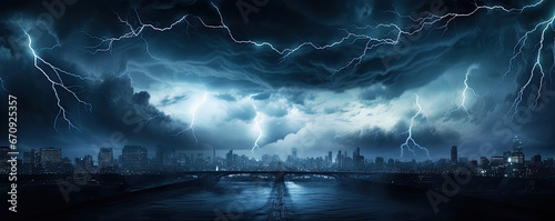 In the eye of storm. Lightning storm over city in dakr blue light. thunderstorm flash photo