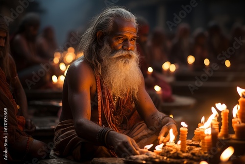 Spiritual moment during the Aarti ceremony on the ghats of Varanasi, Generative AI photo
