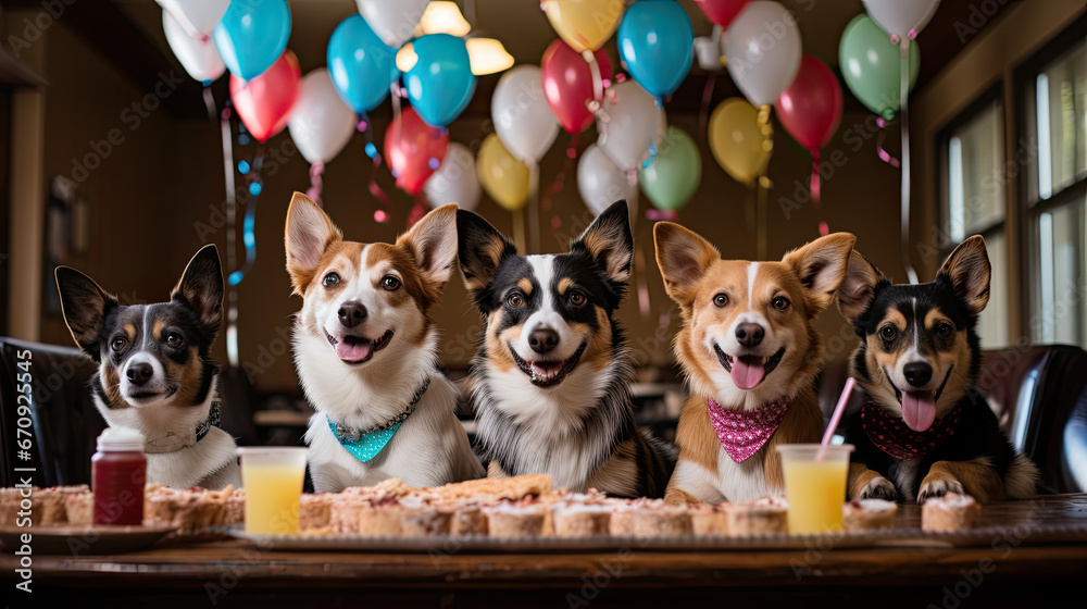 Dogs with balloons in the background. Dogs, birthday day concept