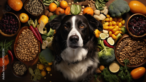 A dog with healthy foods around him