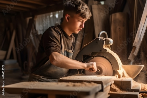 A worker using a circular saw to make precise cuts in wood.