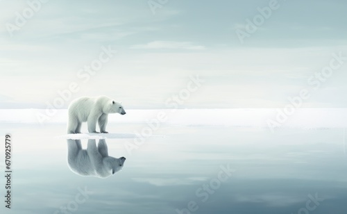  polar bear standing on an ice floe, perfect reflection on water, drawing attention to the plight of wildlife affected by climate change.copy space for text