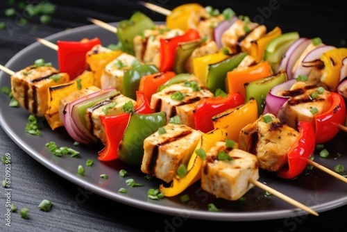 close-up of grilled tofu skewers with bell pepper and onion