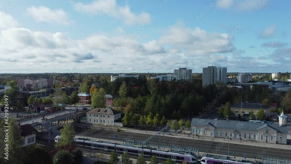 Aerial flyover Kerava Railway Station in boreal forest city of Finland Aerial flyover Kerava Railway Station in boreal forest city of Finland