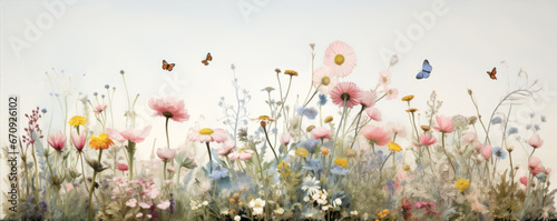 Beautiful floral wide background with pink and meadow flowers.