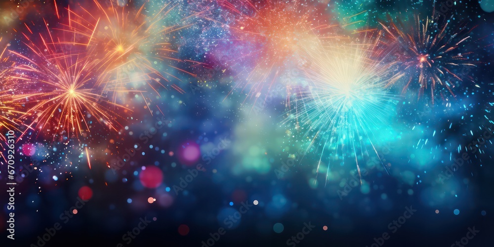 Fototapeta premium Vibrant glitter background with colorful fireworks, perfect for Christmas Eve and New Year celebrations.