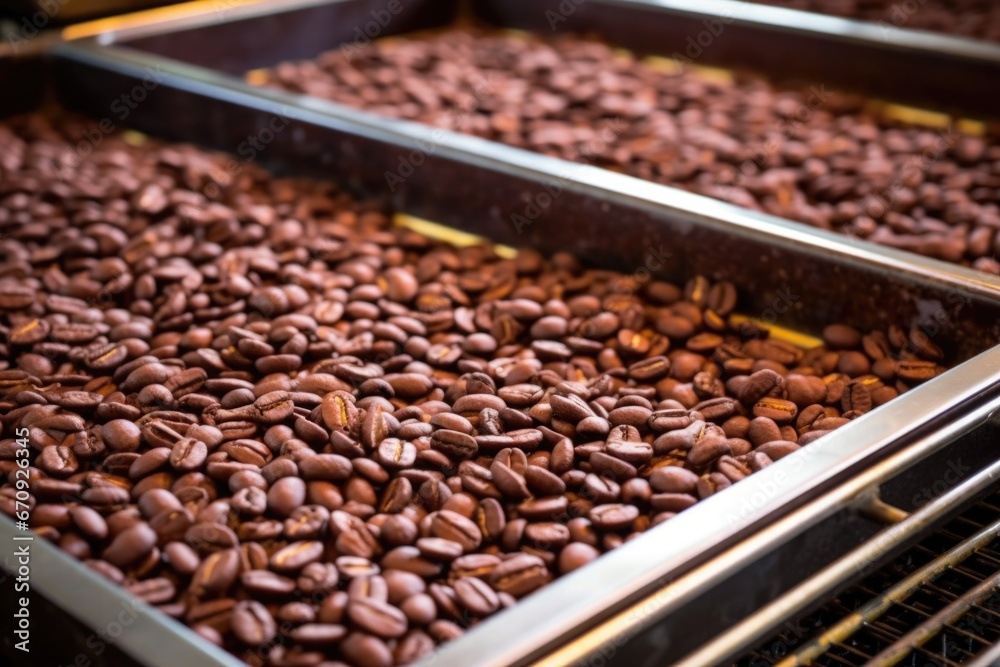 shot of cooling trays filled with roasted beans shot of cooling trays filled with roasted beans