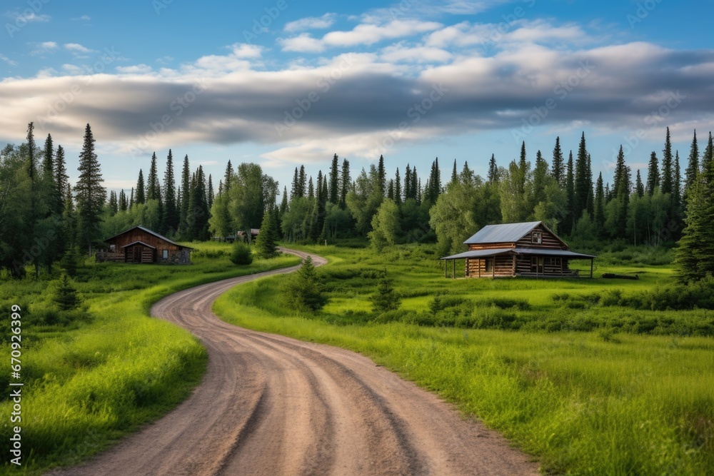 remote log cabin with winding dirt road leading to it