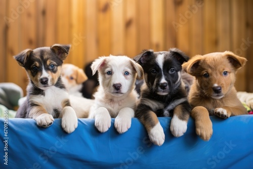 multicolored puppies in different sizes grouped together in a small bed © altitudevisual