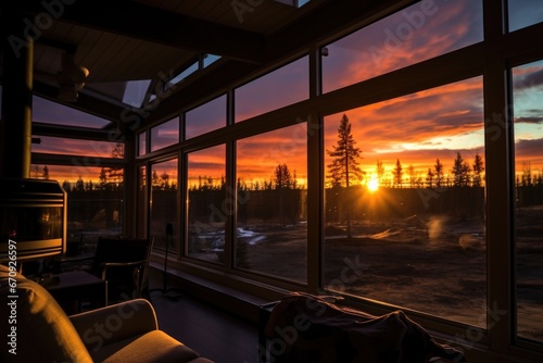 sunset/sunrise view through the cabins wide glass windows