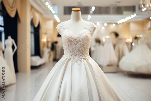 Elegant wedding dress on a mannequin. Wedding salon. Generated by artificial intelligence