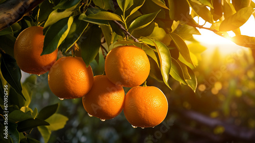 bunch of juicy oranges grow hanging from a tree branch in the morning