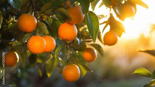 bunch of juicy oranges grow hanging from a tree branch in the morning