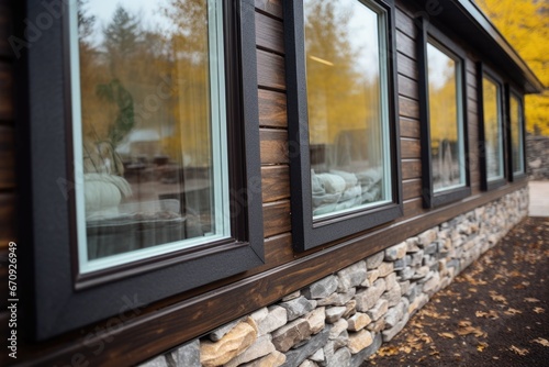 close-up picture of stone detail on cabins walls through window pane