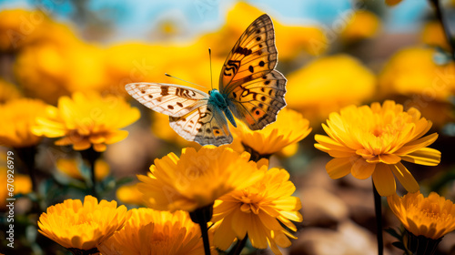 Butterfly fly around yellow flower field with sunlight © graja
