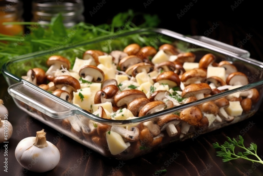 cheese-filled mushrooms arranged neatly in a glass baking dish cheese-filled mushrooms arranged neatly in a glass baking dish