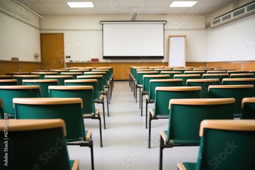 empty university lecture hall with row of chairs and whiteboard
