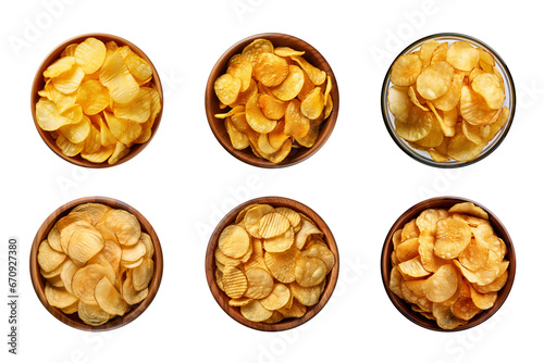 Collection of top-view crispy potato chips in a bowl isolated on a transparent background