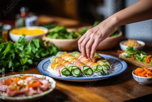 hand sliding a plate of finished vietnamese spring rolls across a table