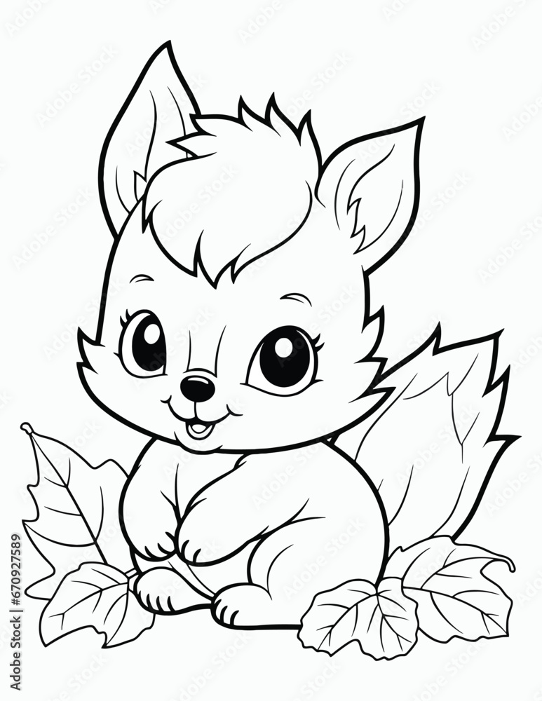Cute kawaii autumn coloring page for kids with vintage, Nature forest